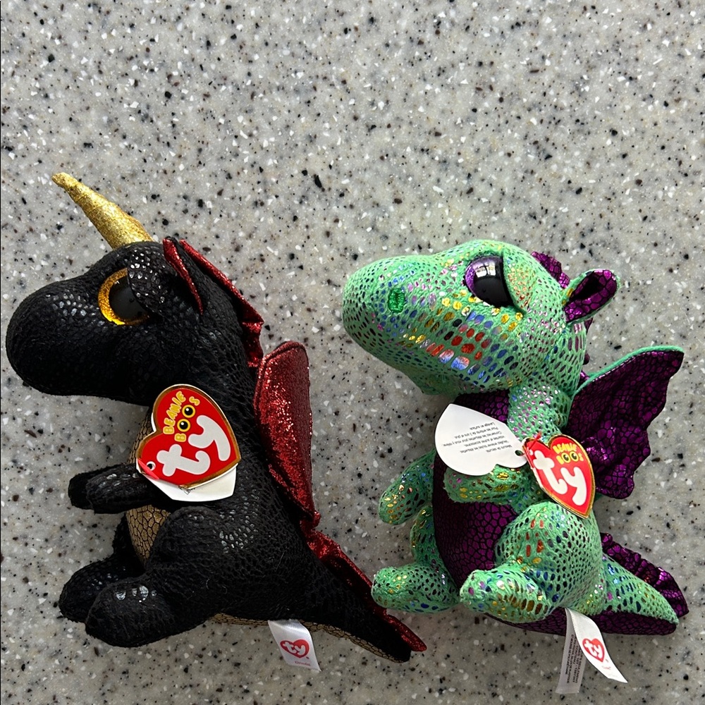 Ty Beanie Boos Black and Green Dragon Plush Pair